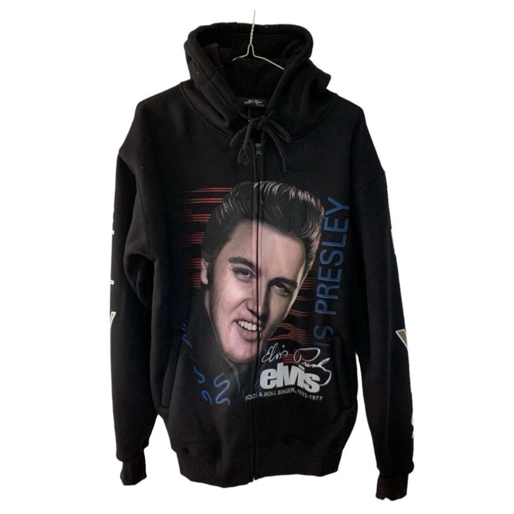 Vintage Elvis Presley Black Full Zip Fleece Hoodie Size Medium Pockets